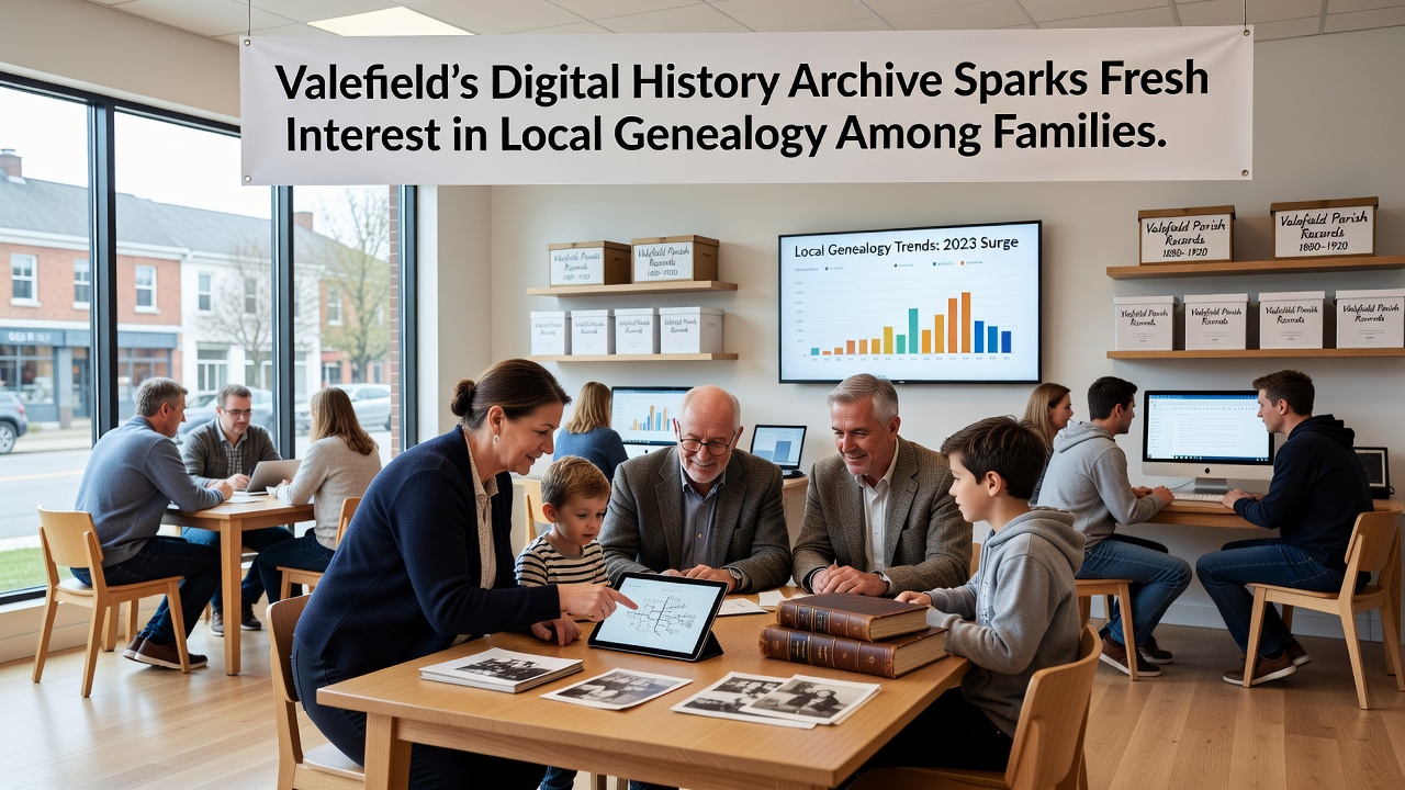 Residents examining digitized family records at a Valefield library workshop